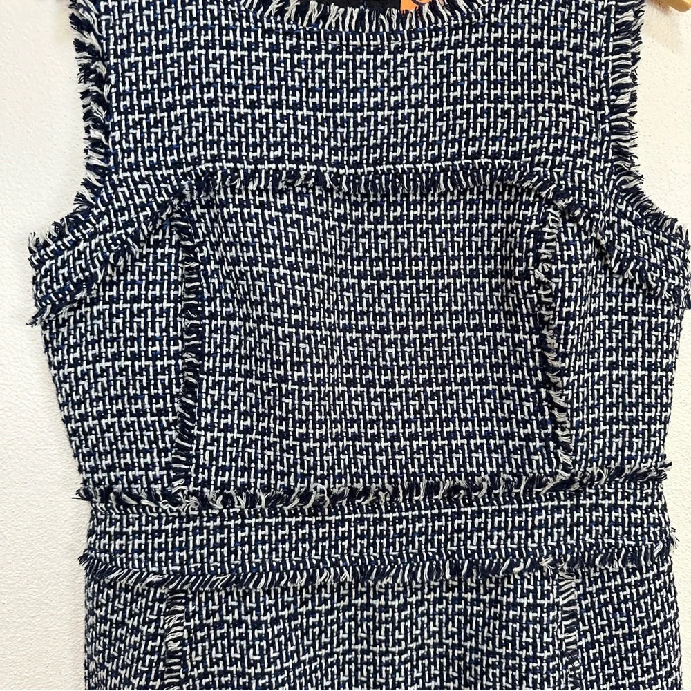 Tory Burch Petula Dress Blue Tweed Sheath Sleeveless Fringe Women’s Sz 12 NWOT‎